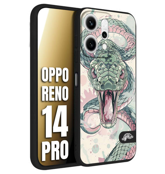 CUSTOMIZZA - Custodia cover nera morbida in tpu compatibile per Oppo Reno 14 PRO snake pink green serpente tatuaggio tattoo disegnato a mano