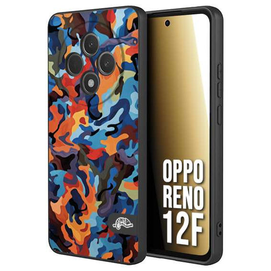 CUSTOMIZZA - Custodia cover nera morbida in tpu compatibile per Oppo Reno 12F camouflage mimetico militare moderno blu arancio rosso