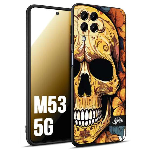 CUSTOMIZZA - Custodia cover nera morbida in tpu compatibile per Samsung M53 5G teschio messicano colorato dorato fiori autunnali disegnato