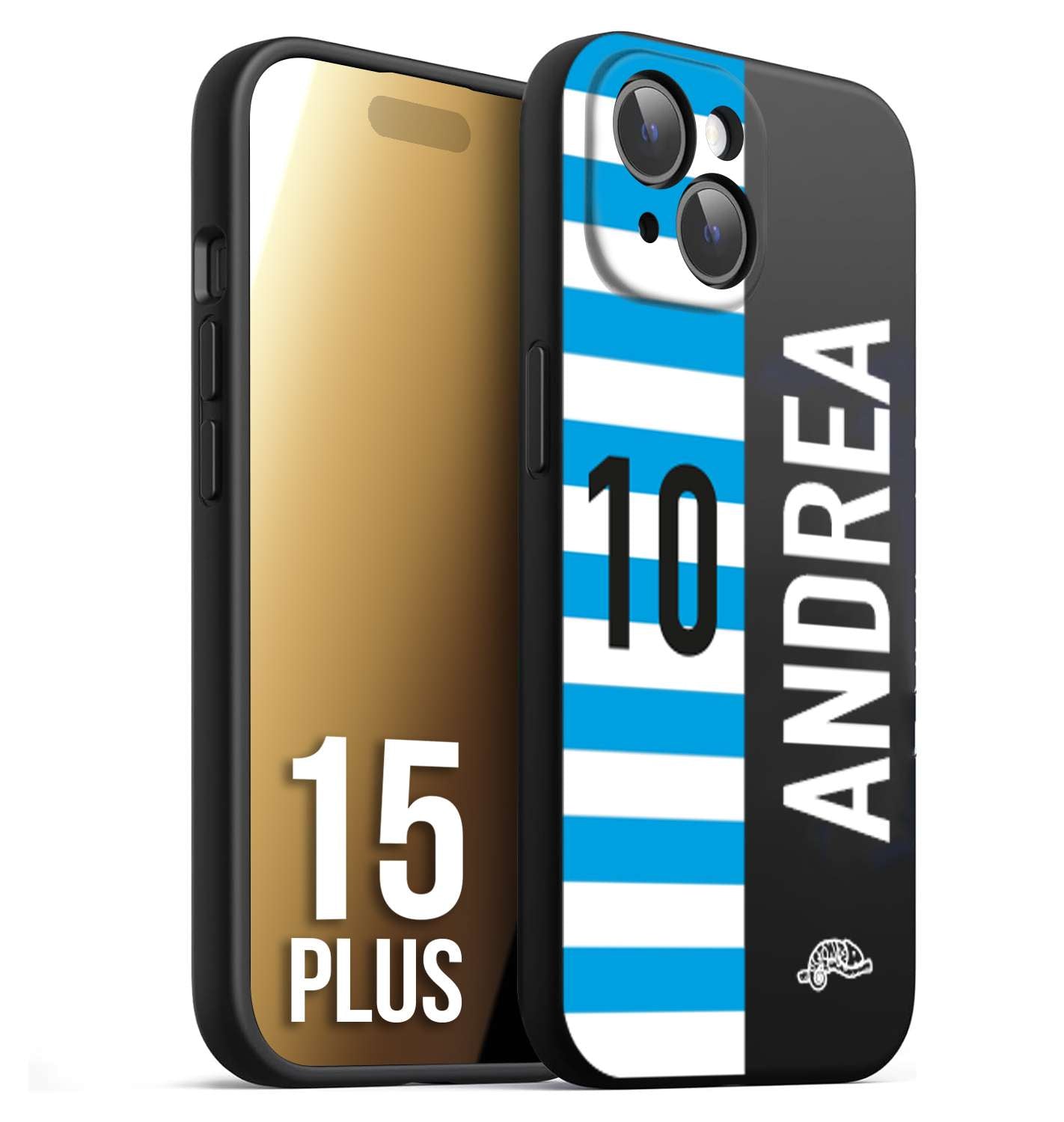 CUSTOMIZZA - Custodia cover nera morbida in tpu compatibile per iPhone 15 PLUS personalizzata calcio football nome e numero calciatori biancazzurri