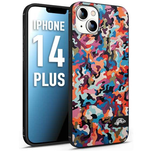 CUSTOMIZZA - Custodia cover nera morbida in tpu compatibile per iPhone 14 PLUS camouflage mimetico militare moderno blu arancio rosa