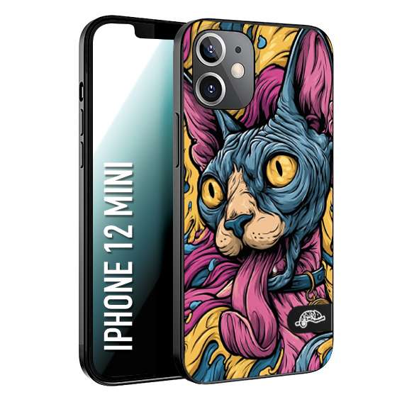 CUSTOMIZZA - Custodia cover nera morbida in tpu compatibile per iPhone 12 MINI Sphynx Colorato Pop Art Psichedelico Gatto Blu Rosa Giallo Artistica Fantasy