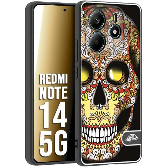 CUSTOMIZZA - Custodia cover nera morbida in tpu compatibile per Xiaomi Redmi Note 14 5G teschio messicano Mexican skull giallo rosso arancio