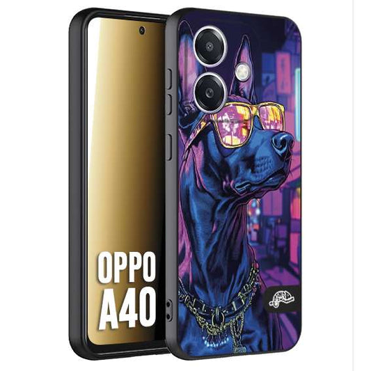 CUSTOMIZZA - Custodia cover nera morbida in tpu compatibile per Oppo A40 animali cyberpunk dobermann cane street dog fucsia blu night