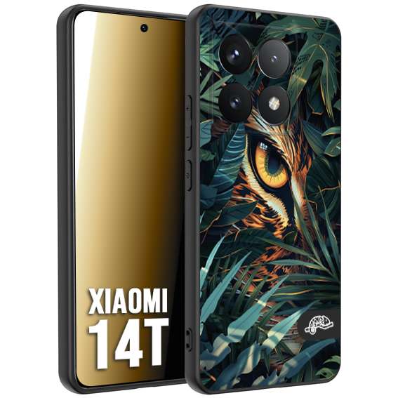CUSTOMIZZA - Custodia cover nera morbida in tpu compatibile per Xiaomi 14T animali color giungla tropicale occhio di giaguaro felino disegnato