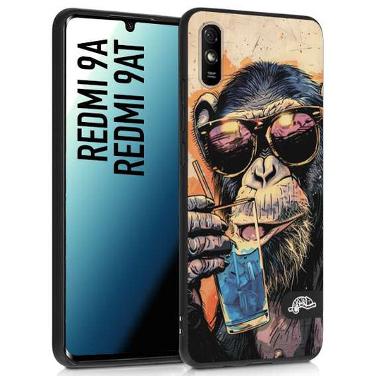 CUSTOMIZZA - Custodia cover nera morbida in tpu compatibile per Xiaomi Redmi 9A - 9AT estate disegnata cocktails animali simpatici scimmia monkey negroni