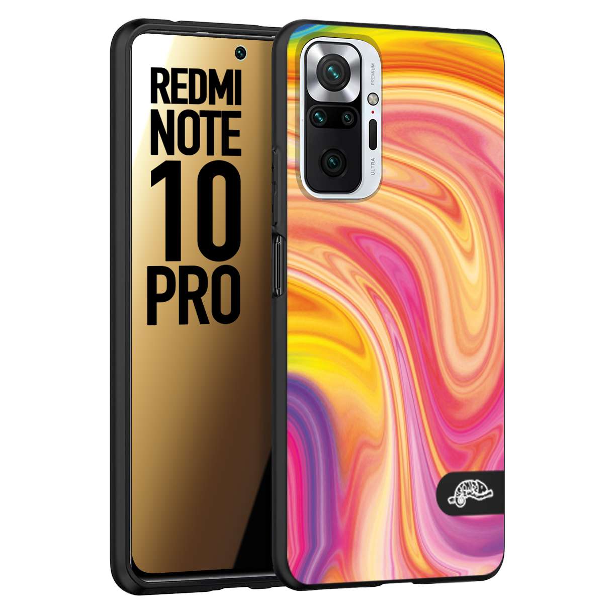 CUSTOMIZZA - Custodia cover nera morbida in tpu compatibile per Xiaomi Redmi Note 10 PRO colorata fantasia vortice marmo onde rosa fucsia gialla