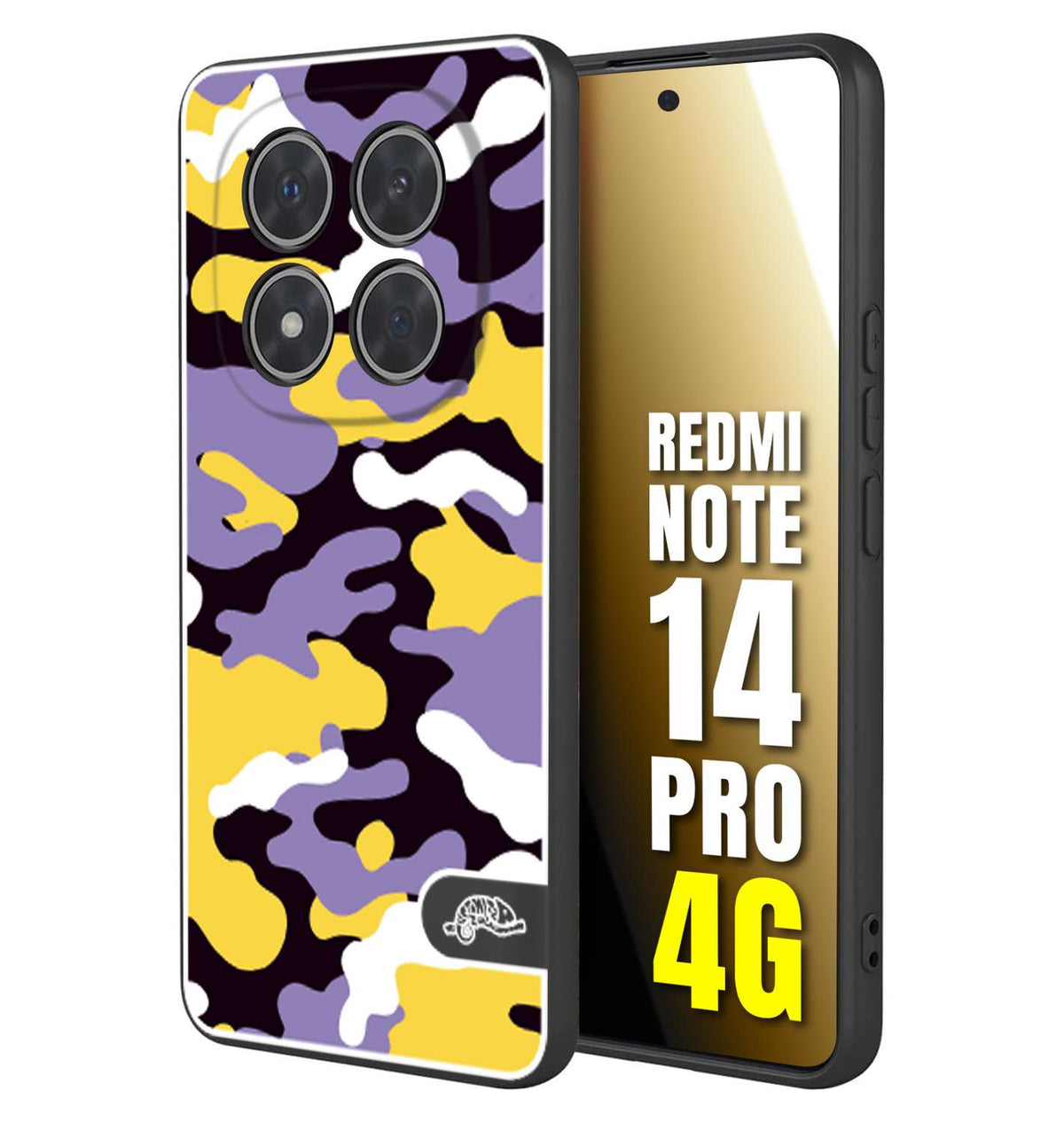 CUSTOMIZZA - Custodia cover nera morbida in tpu compatibile per Xiaomi Redmi Note 14 PRO 4G camouflage mimetico militare viola lilla giallo