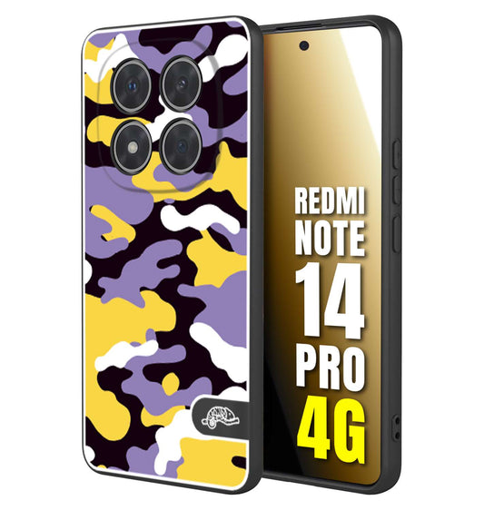 CUSTOMIZZA - Custodia cover nera morbida in tpu compatibile per Xiaomi Redmi Note 14 PRO 4G camouflage mimetico militare viola lilla giallo
