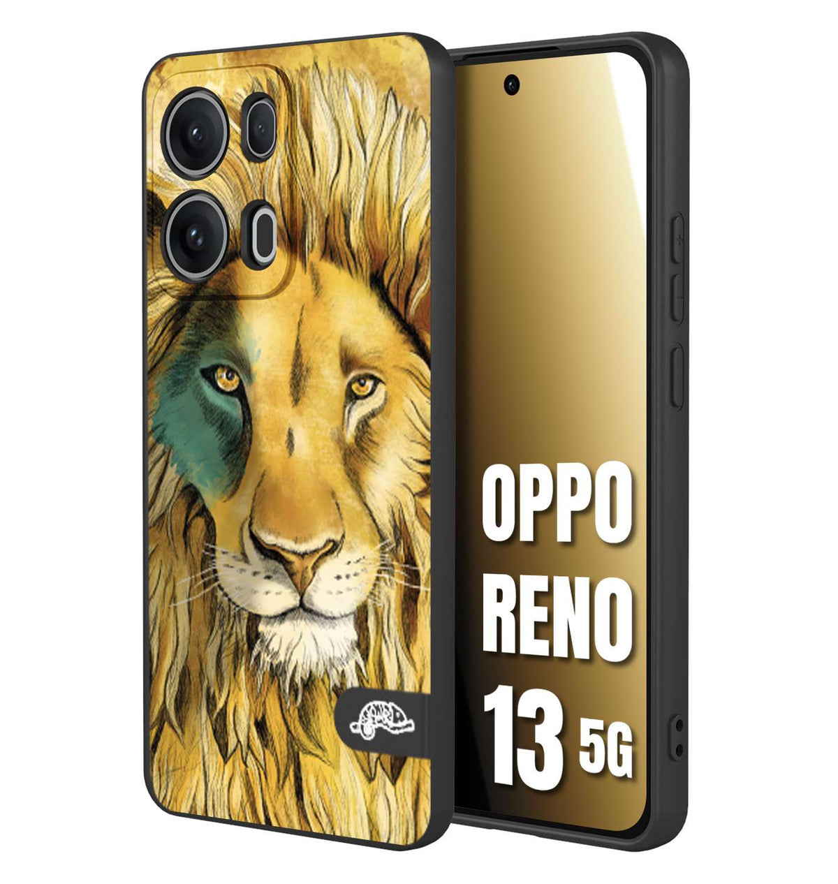 CUSTOMIZZA - Custodia cover nera morbida in tpu compatibile per Oppo Reno 13 5G leone lion disegnato a mano giallo blu a rilievo artistico brown