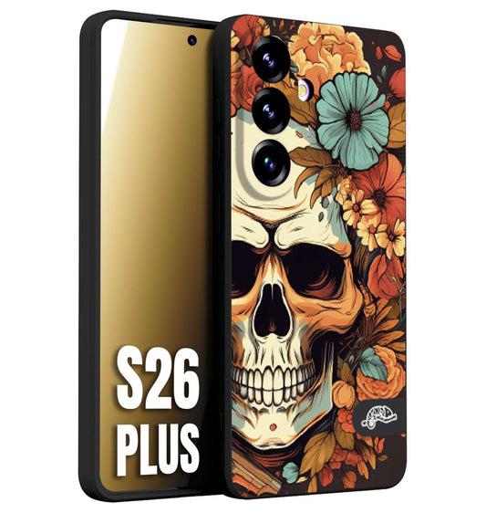 CUSTOMIZZA - Custodia cover nera morbida in tpu compatibile per Samsung S26 PLUS teschio skull flowers fiori autunnali arancio celeste tattoo