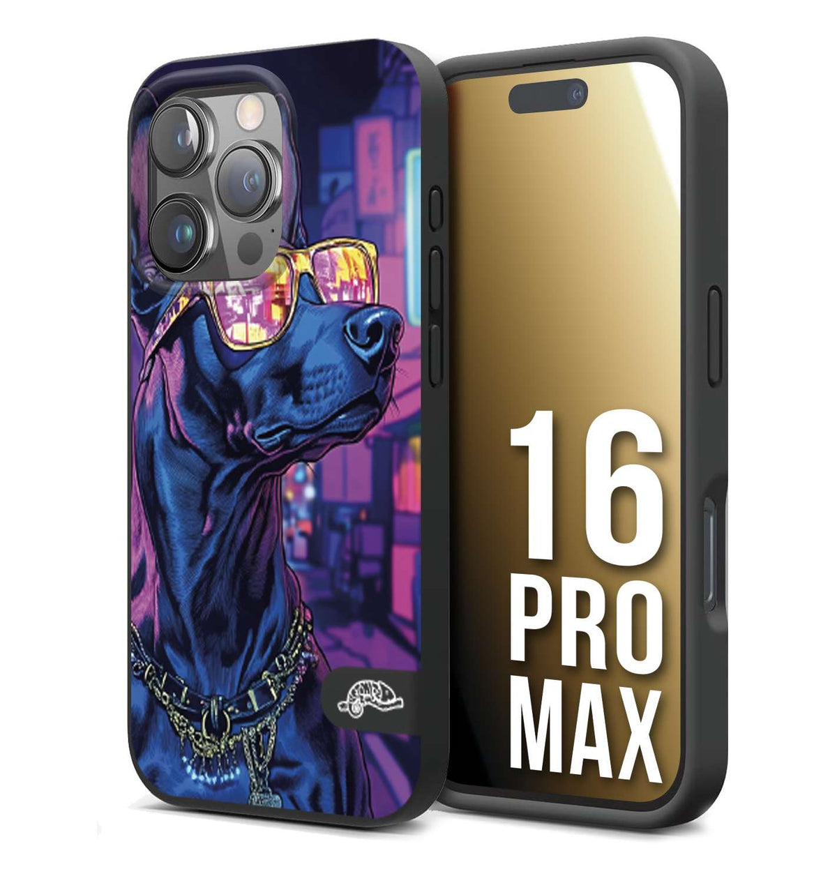CUSTOMIZZA - Custodia cover nera morbida in tpu compatibile per iPhone 16 PRO MAX animali cyberpunk dobermann cane street dog fucsia blu night