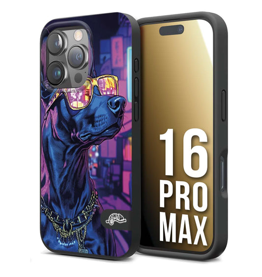 CUSTOMIZZA - Custodia cover nera morbida in tpu compatibile per iPhone 16 PRO MAX animali cyberpunk dobermann cane street dog fucsia blu night