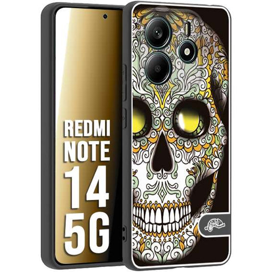 CUSTOMIZZA - Custodia cover nera morbida in tpu compatibile per Xiaomi Redmi Note 14 5G teschio messicano Mexican skull bianco verde giallo