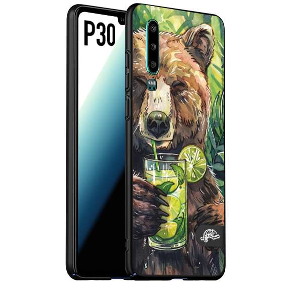 CUSTOMIZZA - Custodia cover nera morbida in tpu compatibile per Huawei P30 estate disegnata cocktails animali simpatici orso bear negroni