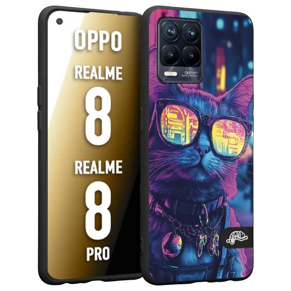 CUSTOMIZZA - Custodia cover nera morbida in tpu compatibile per Realme 8 - 8 PRO animali cyberpunk gatto street cat fucsia blu giallo