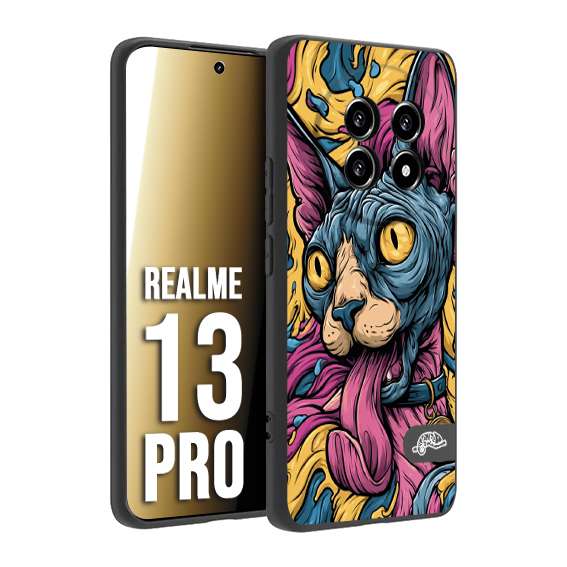 CUSTOMIZZA - Custodia cover nera morbida in tpu compatibile per Realme 13 PRO Sphynx Colorato Pop Art Psichedelico Gatto Blu Rosa Giallo Artistica Fantasy