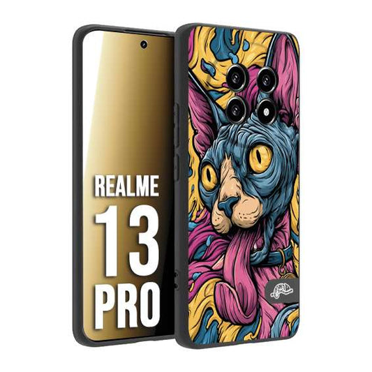 CUSTOMIZZA - Custodia cover nera morbida in tpu compatibile per Realme 13 PRO Sphynx Colorato Pop Art Psichedelico Gatto Blu Rosa Giallo Artistica Fantasy