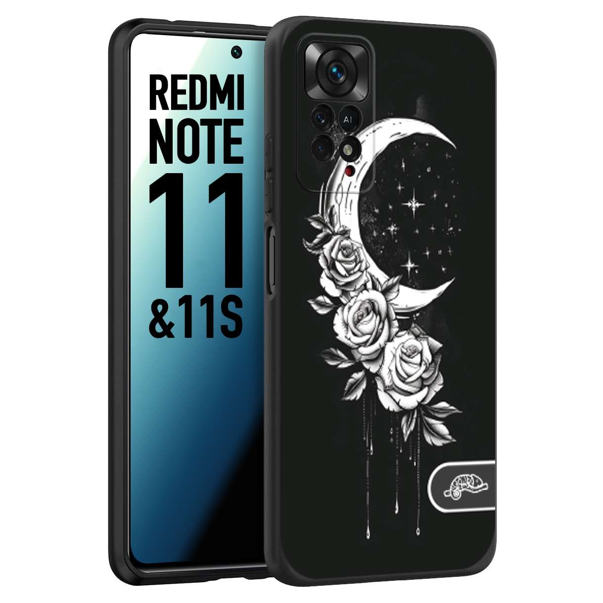 CUSTOMIZZA - Custodia cover nera morbida in tpu compatibile per Xiaomi Redmi Note 11 -  Note 11S luna e fiori moon flowers black and white bianco a rilievo disegnato tattoo tatuaggio