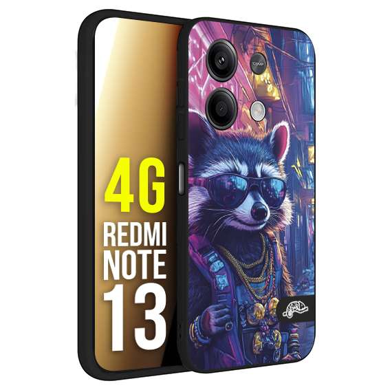 CUSTOMIZZA - Custodia cover nera morbida in tpu compatibile per Xiaomi Redmi Note 13 4G animali simpatici cyberpunk procione racoon street cat fucsia blu giallo