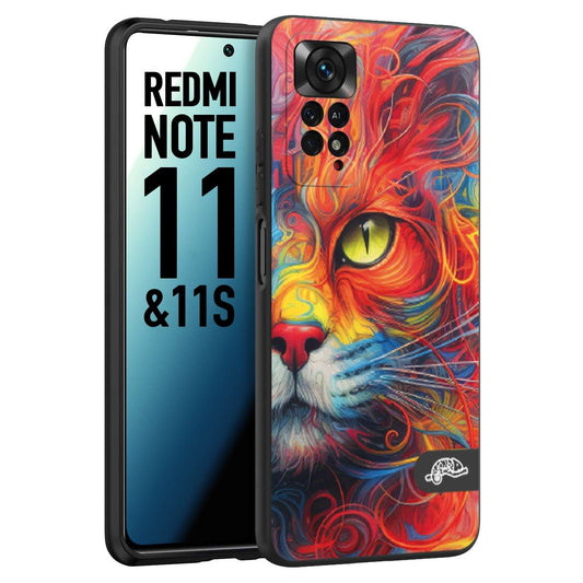 CUSTOMIZZA - Custodia cover nera morbida in tpu compatibile per Xiaomi Redmi Note 11 -  Note 11S animali color cat gatto viso colori vibranti disegnato schizzo