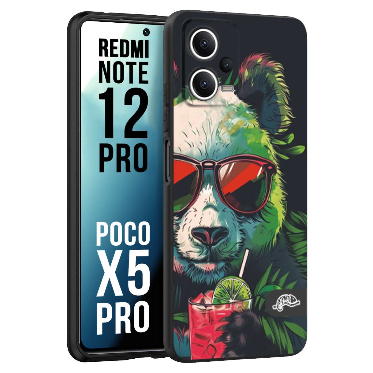 CUSTOMIZZA - Custodia cover nera morbida in tpu compatibile per Xiaomi Redmi Note 12 PRO - POCO X5 PRO estate disegnata cocktails animali simpatici panda mojito