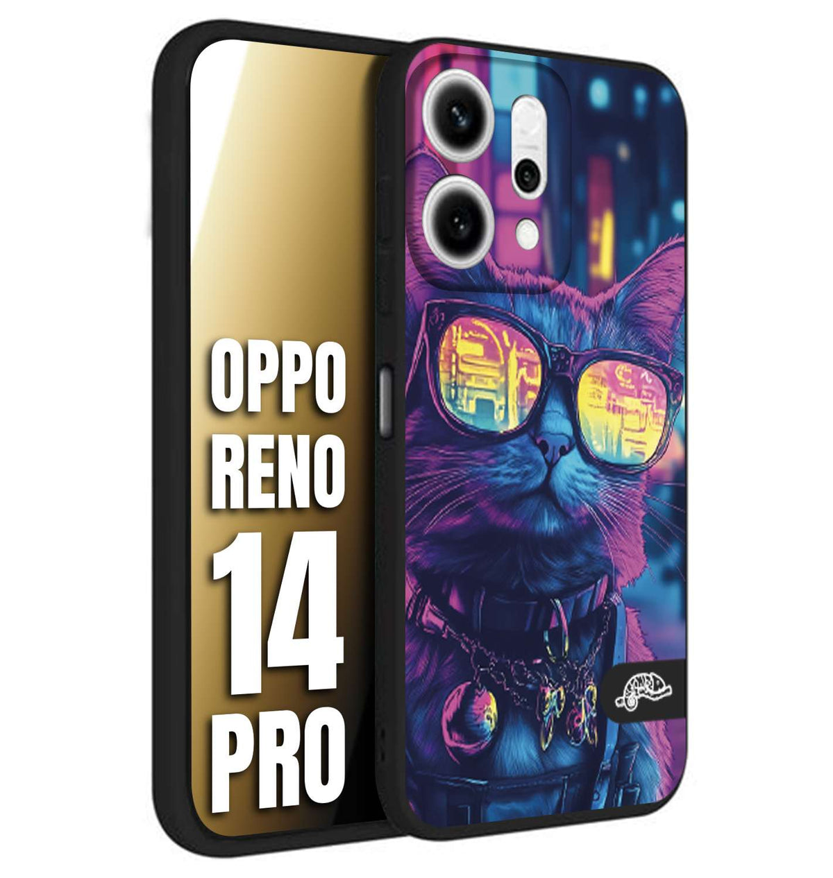 CUSTOMIZZA - Custodia cover nera morbida in tpu compatibile per Oppo Reno 14 PRO animali cyberpunk gatto street cat fucsia blu giallo
