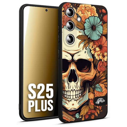 CUSTOMIZZA - Custodia cover nera morbida in tpu compatibile per Samsung S25 PLUS teschio skull flowers fiori autunnali arancio celeste tattoo