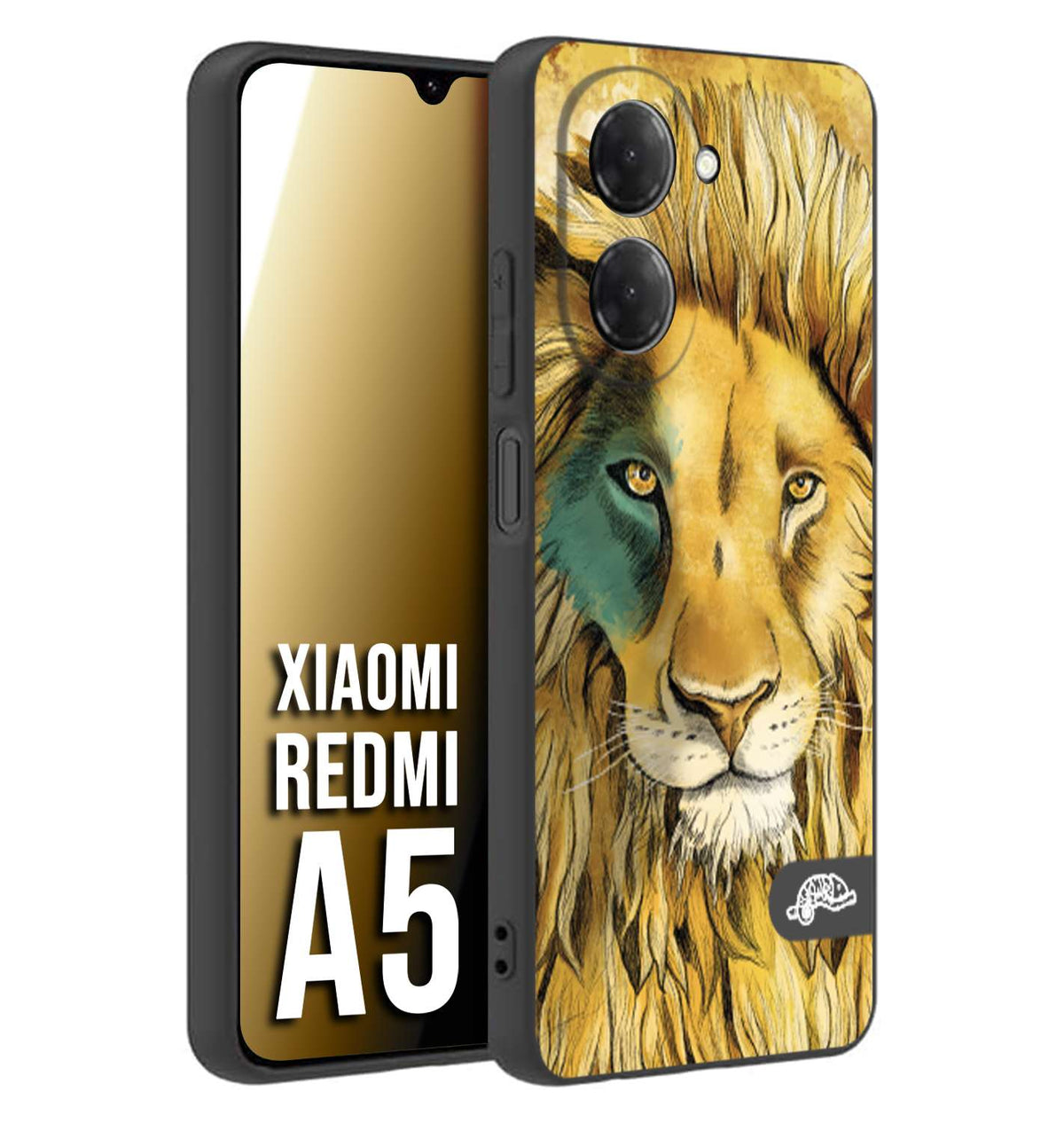 CUSTOMIZZA - Custodia cover nera morbida in tpu compatibile per Xiaomi Redmi A5 leone lion disegnato a mano giallo blu a rilievo artistico brown