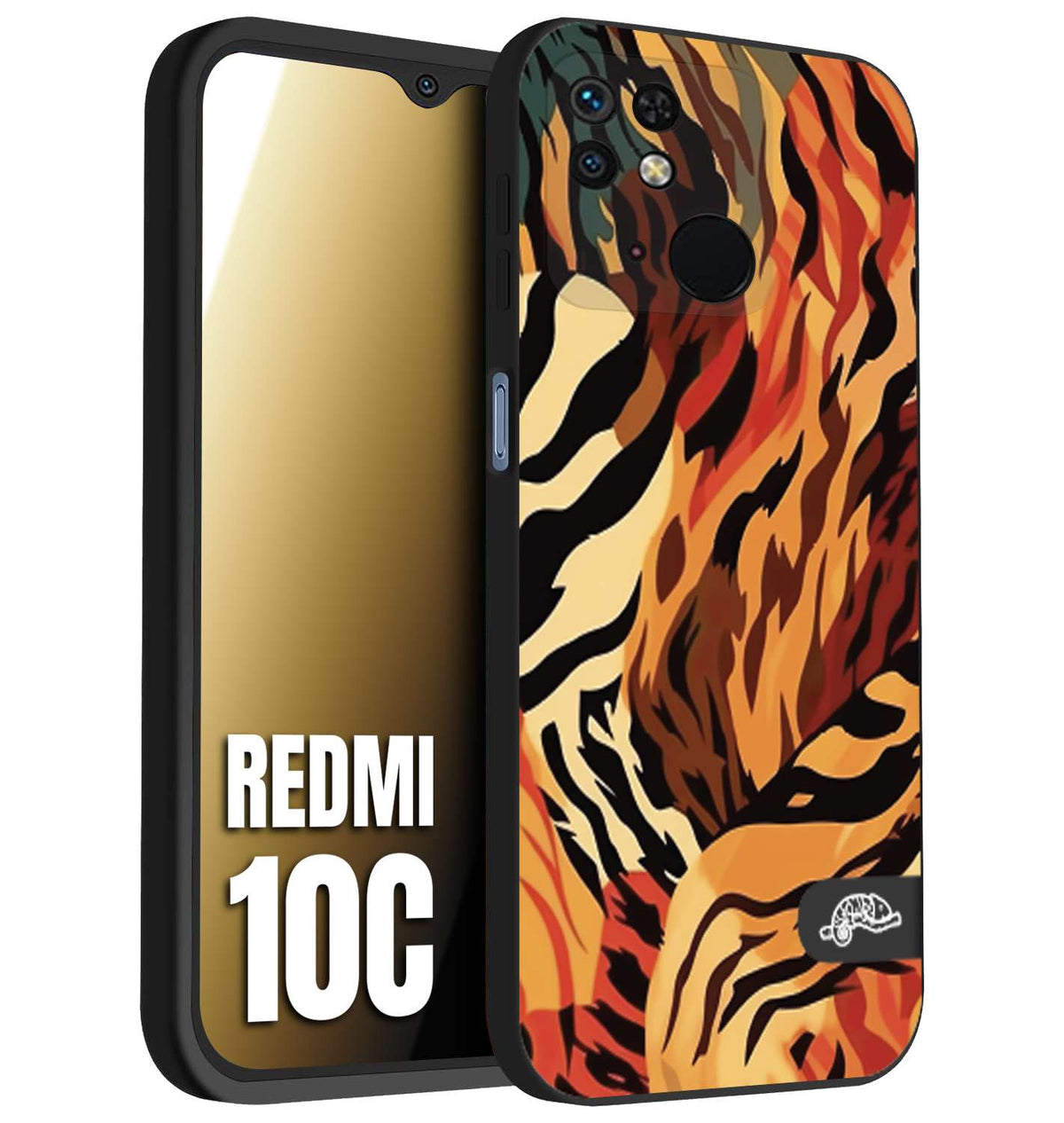 CUSTOMIZZA - Custodia cover nera morbida in tpu compatibile per Xiaomi Redmi 10C leopardato maculato tigrato tiger colorata gialla rossa arancio