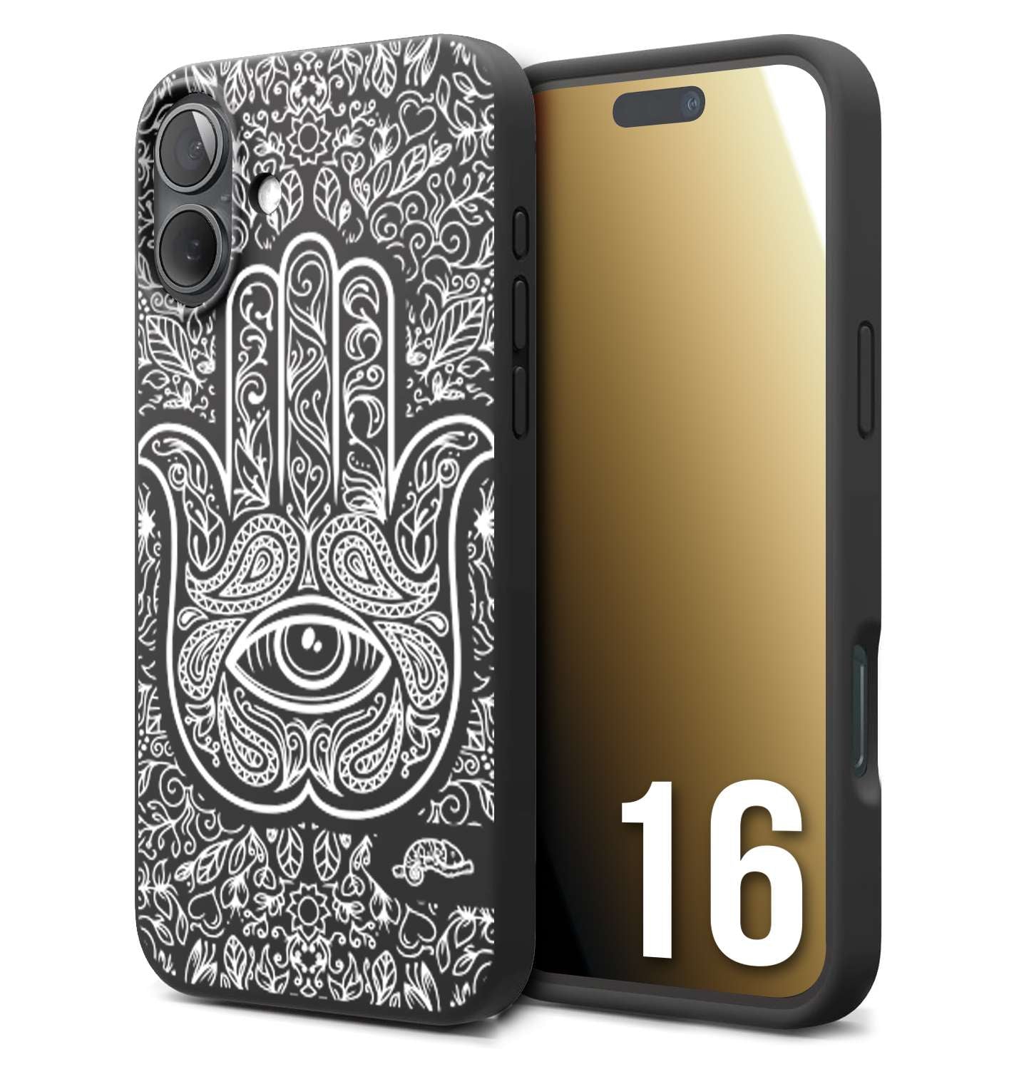 CUSTOMIZZA - Custodia cover nera morbida in tpu compatibile per iPhone 16 mano di fatima effetto rilievo mandala donna