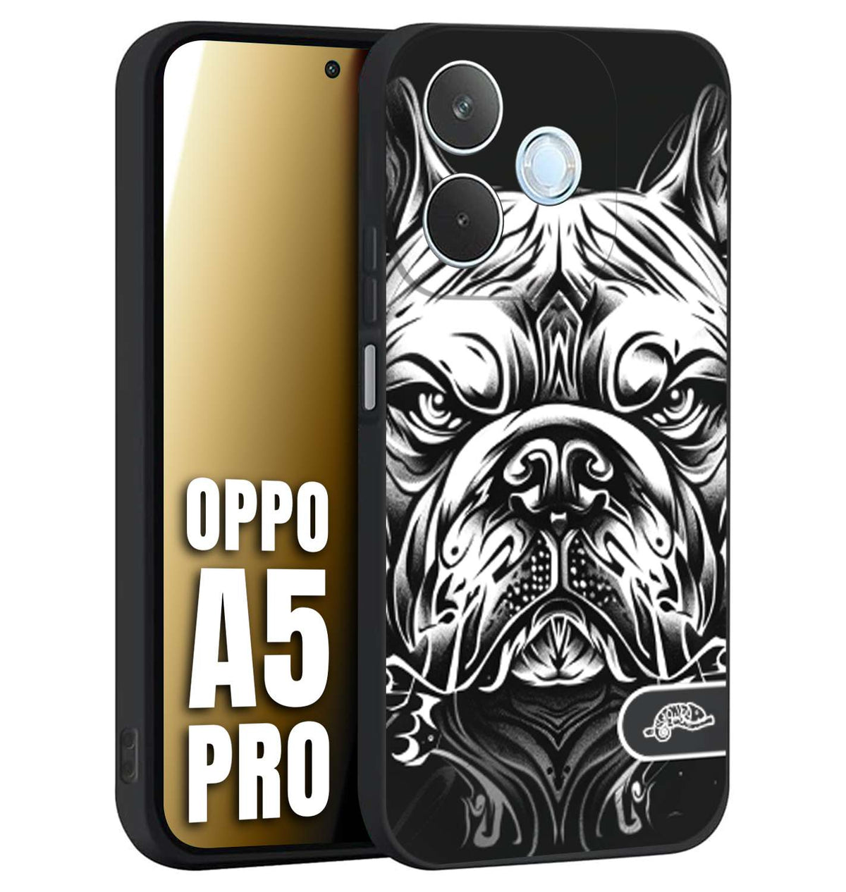 CUSTOMIZZA - Custodia cover nera morbida in tpu compatibile per Oppo A5 PRO bulldog bianco a rilievo disegnato tattoo tatuaggio