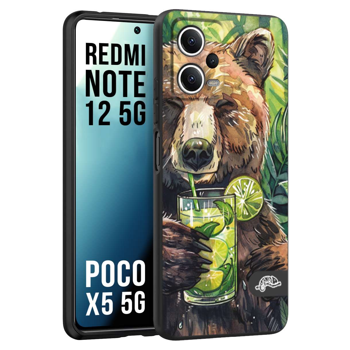 CUSTOMIZZA - Custodia cover nera morbida in tpu compatibile per Xiaomi Redmi Note 12 - POCO X5 5G estate disegnata cocktails animali simpatici orso bear negroni