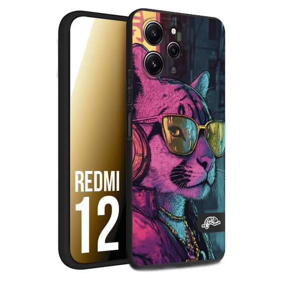 CUSTOMIZZA - Custodia cover nera morbida in tpu compatibile per Xiaomi Redmi 12 animali cyberpunk pantera street cat fucsia blu giallo
