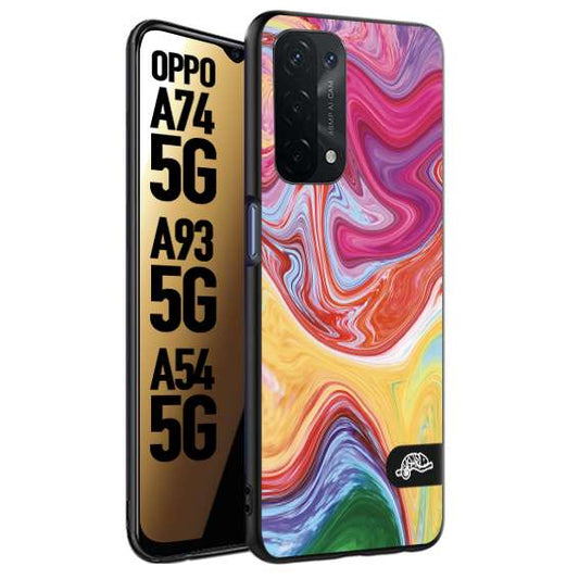 CUSTOMIZZA - Custodia cover nera morbida in tpu compatibile per Oppo A74 5G - A93 5G - A54 5G colorata fantasia vortice marmo onde verde fucsia gialla