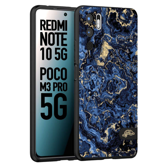 CUSTOMIZZA - Custodia cover nera morbida in tpu compatibile per Xiaomi Redmi Note 10 5G - Poco M3 Pro 5G effetto marmo marble blu venature dorato psichedelico