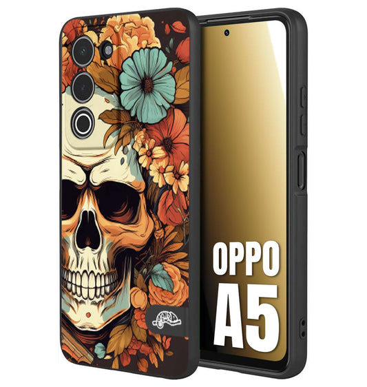 CUSTOMIZZA - Custodia cover nera morbida in tpu compatibile per Oppo A5 teschio skull flowers fiori autunnali arancio celeste tattoo