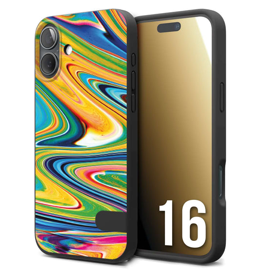 CUSTOMIZZA - Custodia cover nera morbida in tpu compatibile per iPhone 16 colorata fantasia vortice marmo arcobaleno gialla verde blu