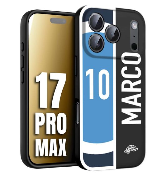 CUSTOMIZZA - Custodia cover nera morbida in tpu compatibile per iPhone 17 PRO MAX personalizzata calcio football nome e numero calciatori biancoazzurri bianco celesti