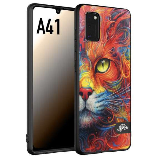 CUSTOMIZZA - Custodia cover nera morbida in tpu compatibile per Samsung A41 animali color cat gatto viso colori vibranti disegnato schizzo