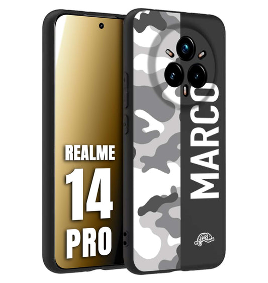 CUSTOMIZZA - Custodia cover nera morbida in tpu compatibile per Realme 14 PRO camouflage mimetico militare personalizzata nome bianco