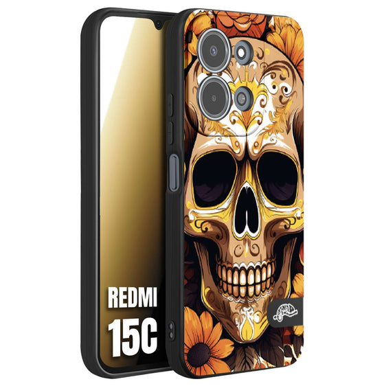CUSTOMIZZA - Custodia cover nera morbida in tpu compatibile per Xiaomi Redmi 15C teschio messicano colorato dorato fiori tattoo disegnato