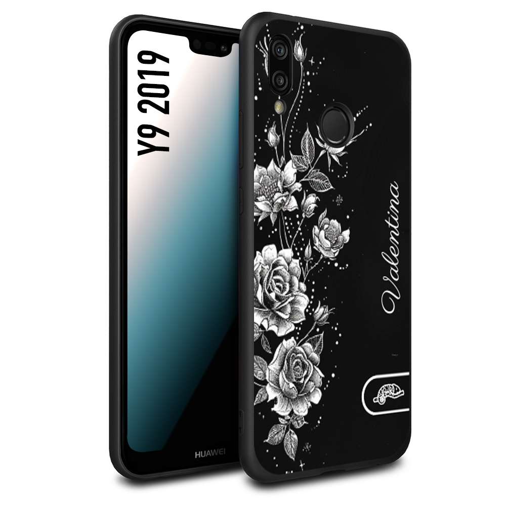 CUSTOMIZZA - Custodia cover nera morbida in tpu compatibile per Huawei Y9 2019 a rilievo soft touch personalizzata nome rose fiori donna