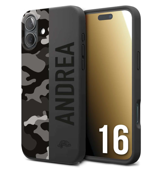 CUSTOMIZZA - Custodia cover nera morbida in tpu compatibile per iPhone 16 camouflage mimetico militare personalizzata nome