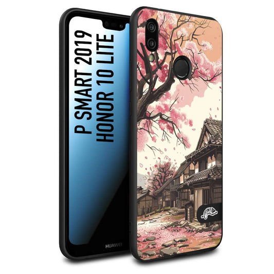 CUSTOMIZZA - Custodia cover nera morbida in tpu compatibile per Huawei P SMART 2019 casa giapponese rosa ciliegio in fiore disegnata tattoo