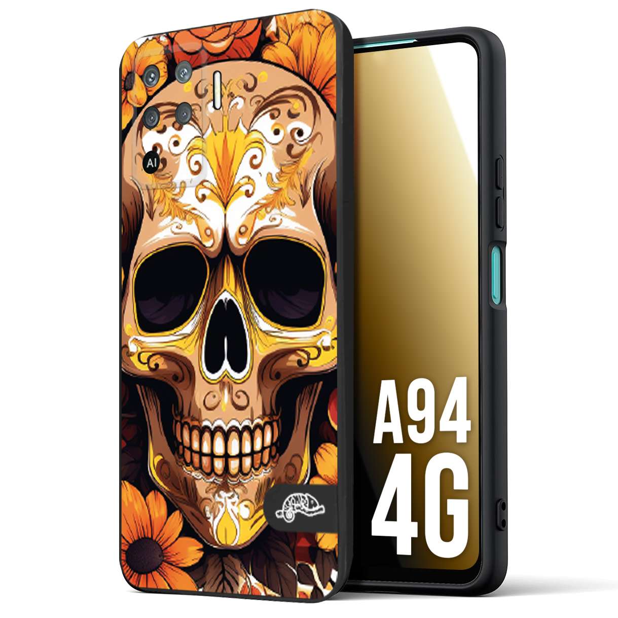 CUSTOMIZZA - Custodia cover nera morbida in tpu compatibile per Oppo A94 4G teschio messicano colorato dorato fiori tattoo disegnato