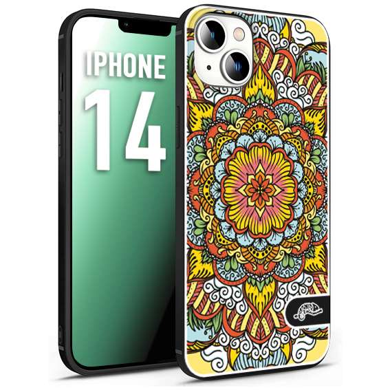 CUSTOMIZZA - Custodia cover nera morbida in tpu compatibile per iPhone 14 mandala colorato fiore nuvole arancione