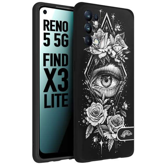 CUSTOMIZZA - Custodia cover nera morbida in tpu compatibile per Oppo Reno 5 5G occhio fiori rombo geometrico black and white bianco a rilievo disegnato tattoo tatuaggio