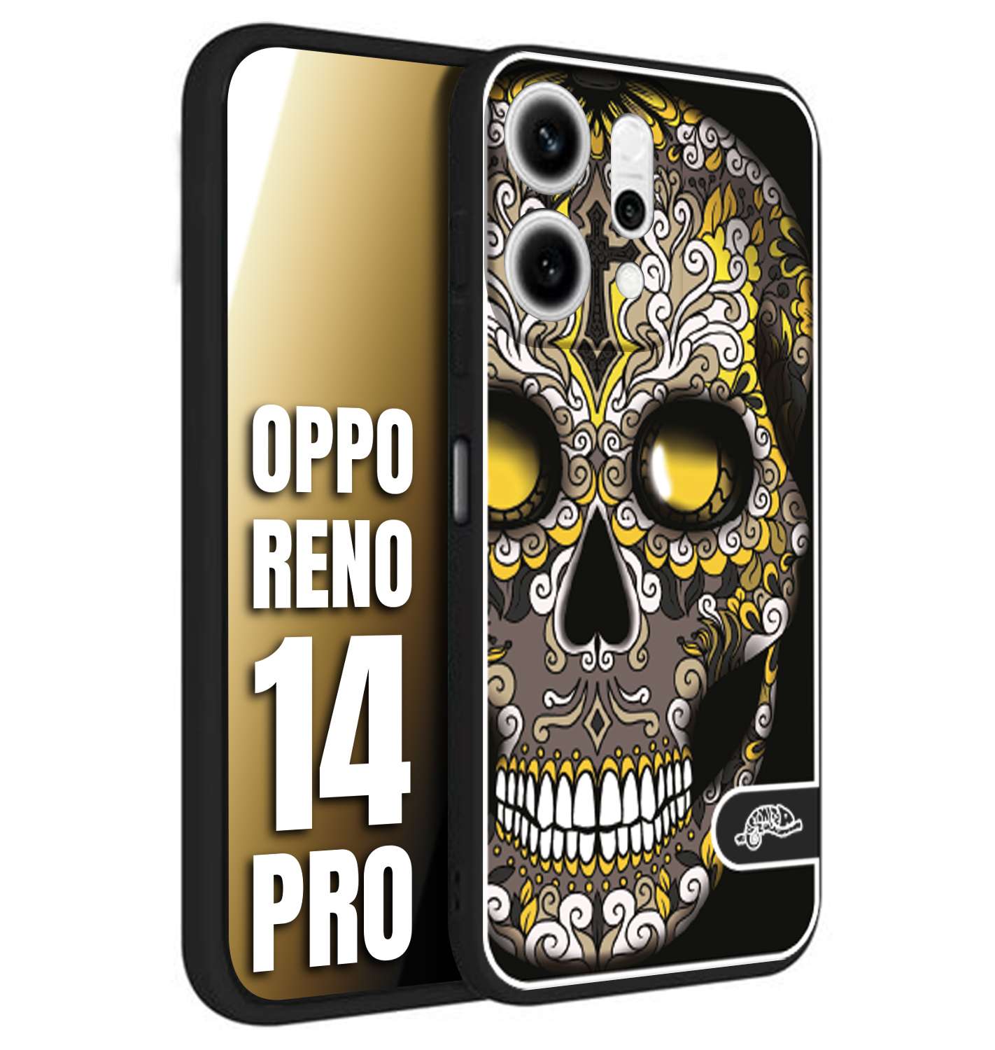 CUSTOMIZZA - Custodia cover nera morbida in tpu compatibile per Oppo Reno 14 PRO teschio messicano Mexican skull nero giallo
