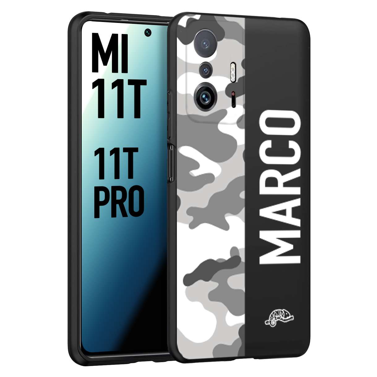 CUSTOMIZZA - Custodia cover nera morbida in tpu compatibile per Xiaomi Mi 11T - Mi 11T PRO camouflage mimetico militare personalizzata nome bianco